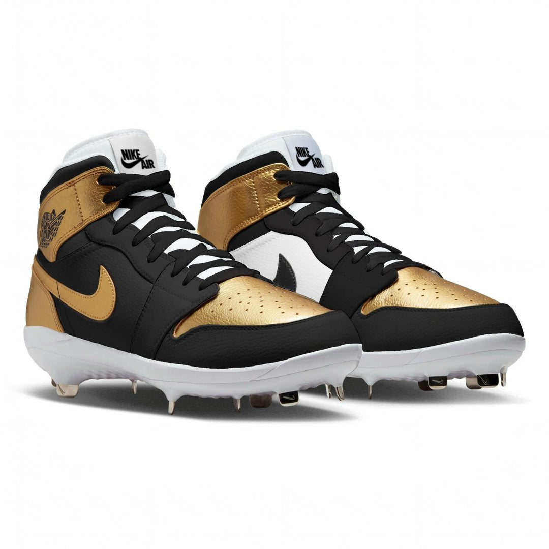 Black and gold high-top cleats with white soles on a white background