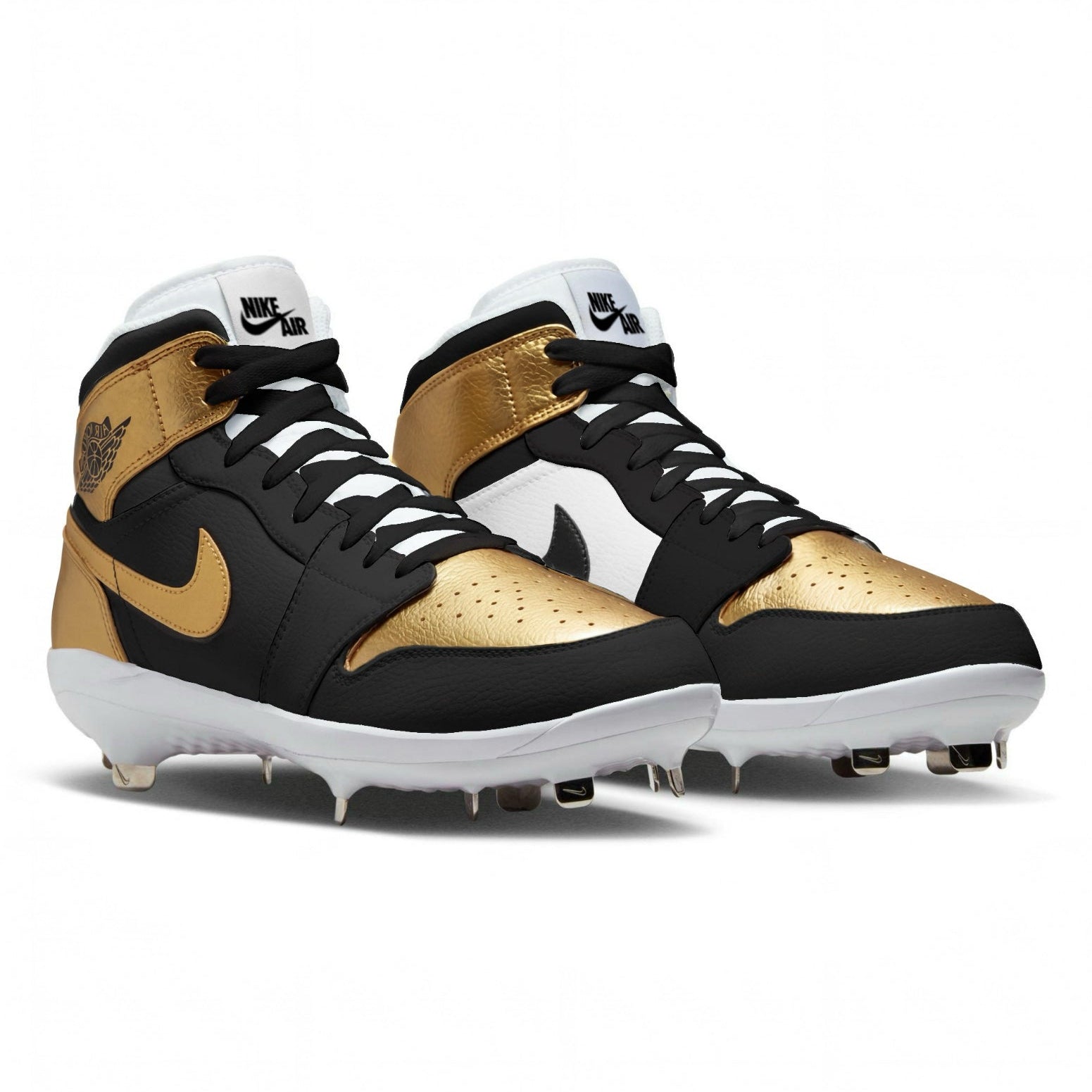 Black and gold high-top cleats with white soles on a white background