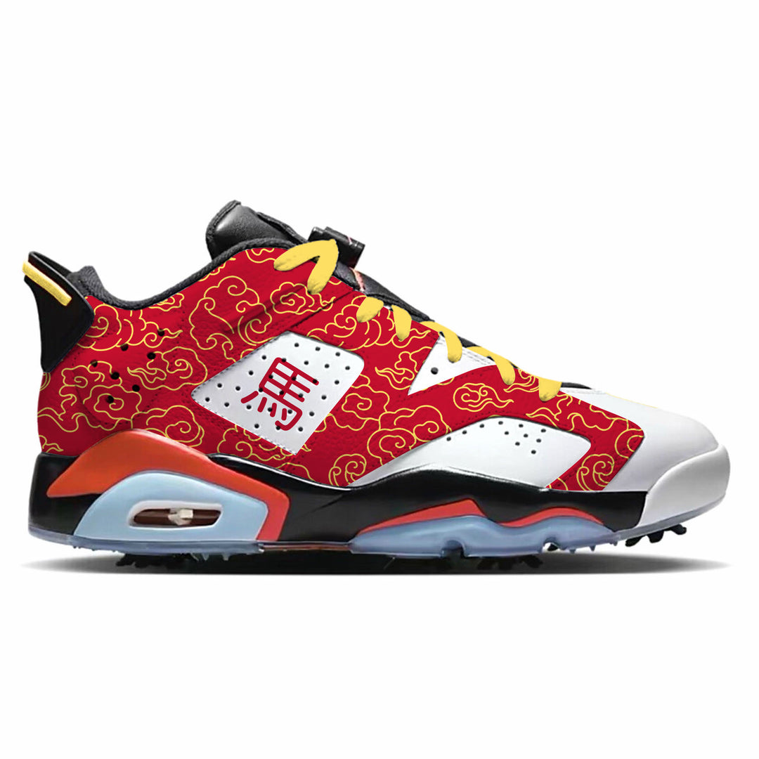 Custom red and gold Air Jordan 6 Low golf shoes with Chinese cloud pattern and character detailing by Stadium Custom Kicks