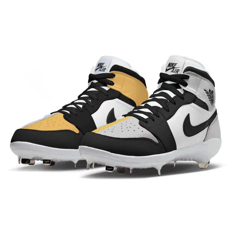 Pair of black, gold, silver and white cleats on a white background with logos at the bottom.