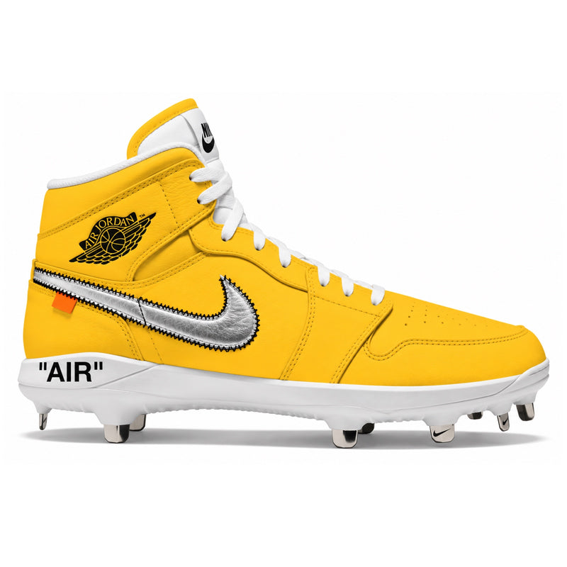 Golden yellow Jordan 1 high-top cleats with white laces, metallic silver Swoosh, black accents, white sole, and metal spikes.