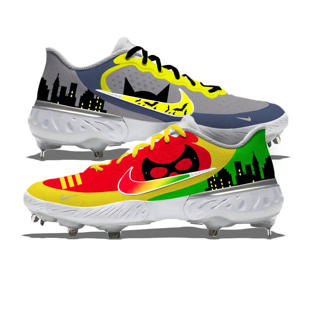Customized superhero-themed Nike Alpha Huarache Elite 3 Low Cleats for unique baseball style