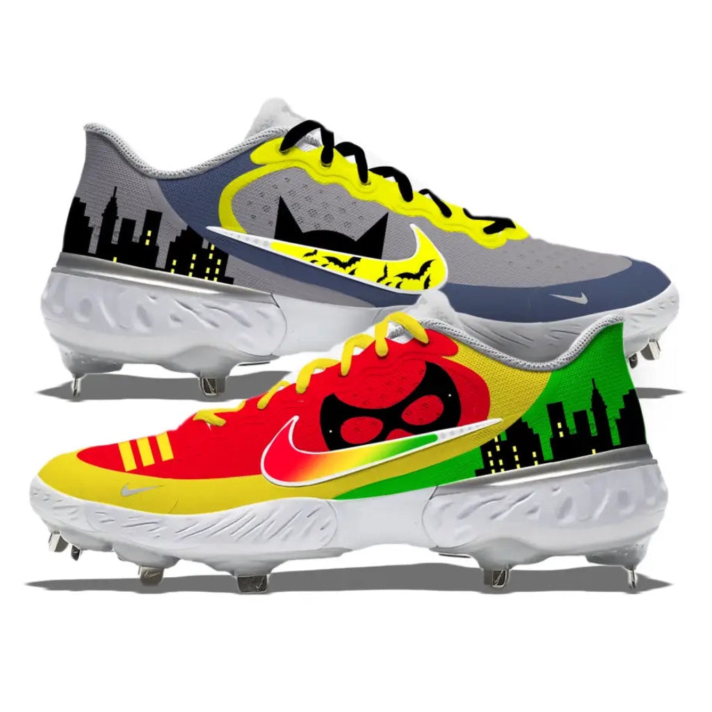 Customized superhero-themed Nike Alpha Huarache Elite 3 Low Cleats for unique baseball style