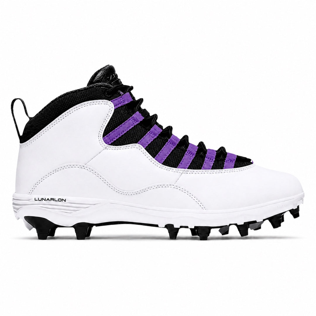 Custom white and purple baseball cleats with black detailing and purple accents by Stadium Custom Kicks