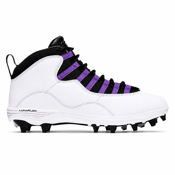 Custom white and purple baseball cleats with black detailing and purple accents by Stadium Custom Kicks