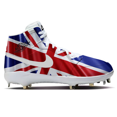 Great Britain Union Jack waving flag artwork displayed across Jordan 1 Retro baseball cleats with red, white, and blue detailing.