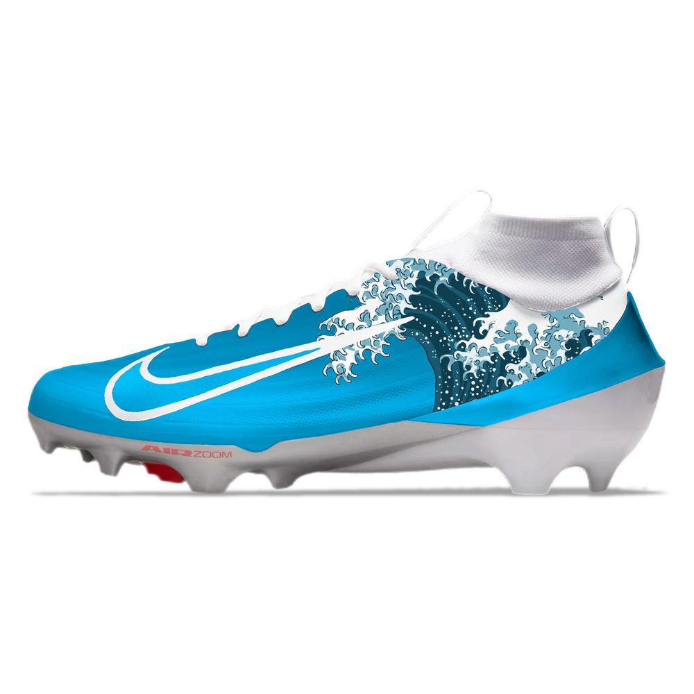 Blue and white football cleat with a ocean design on a white background