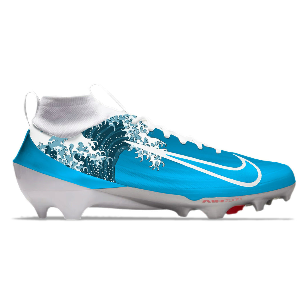 Blue and white football cleat with a ocean design on a white background