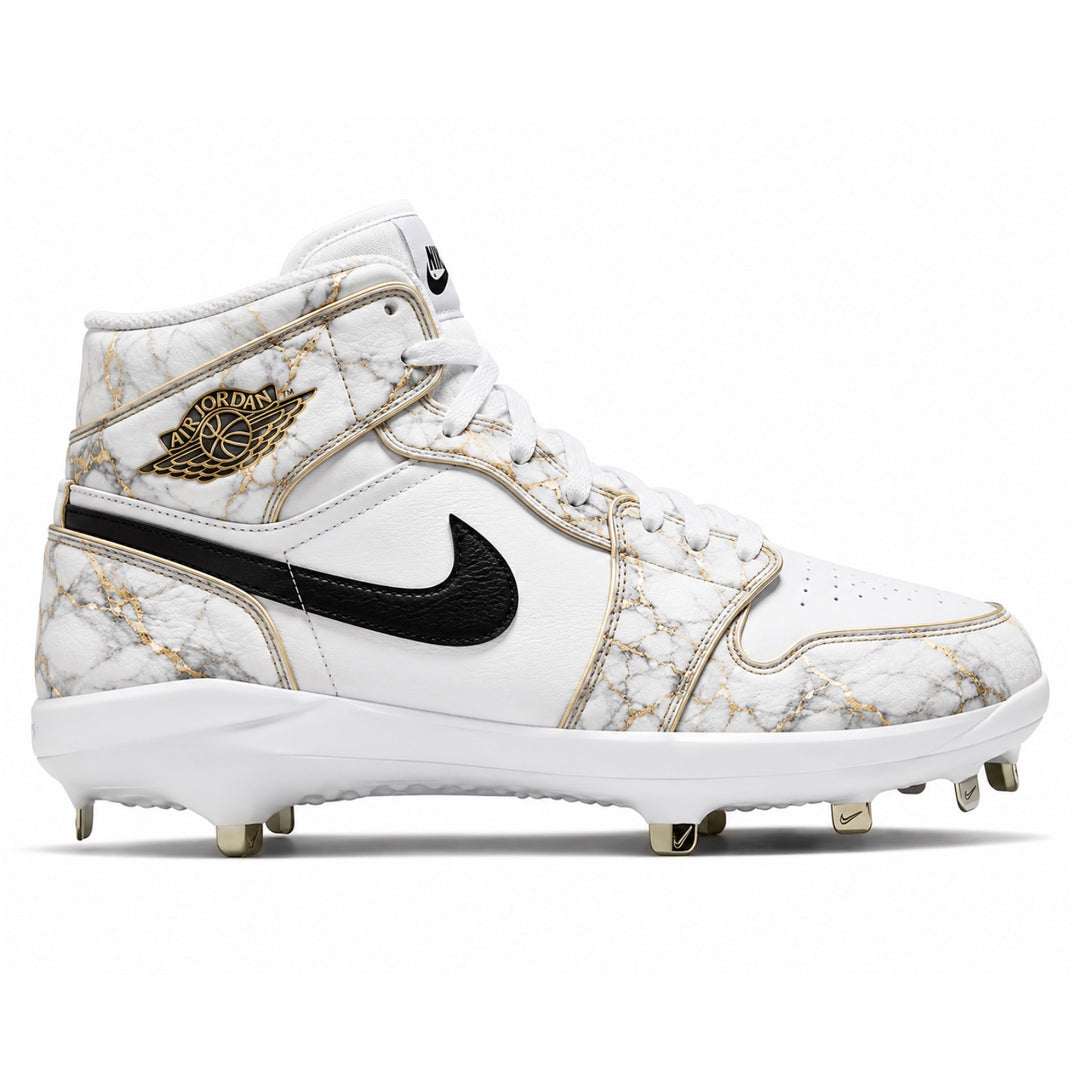 White marble and gold Jordan 1 Retro metal baseball cleats side view by Stadium Custom Kicks