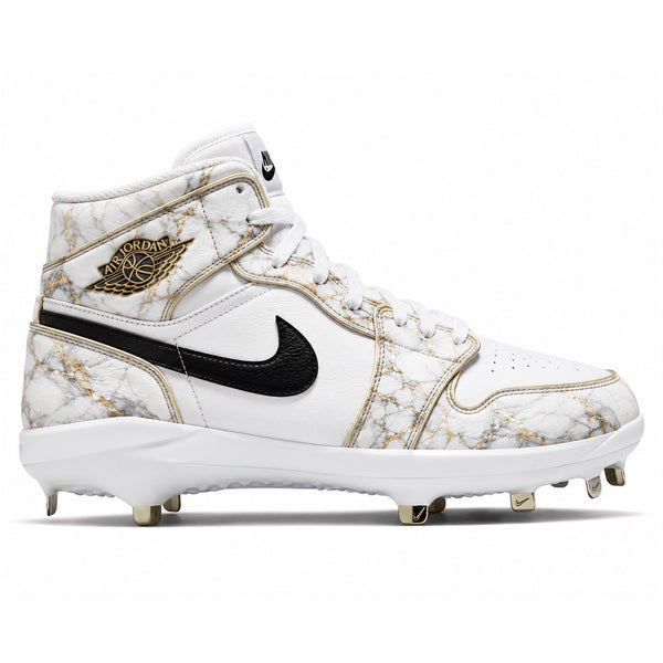White marble and gold Jordan 1 Retro metal baseball cleats side view by Stadium Custom Kicks