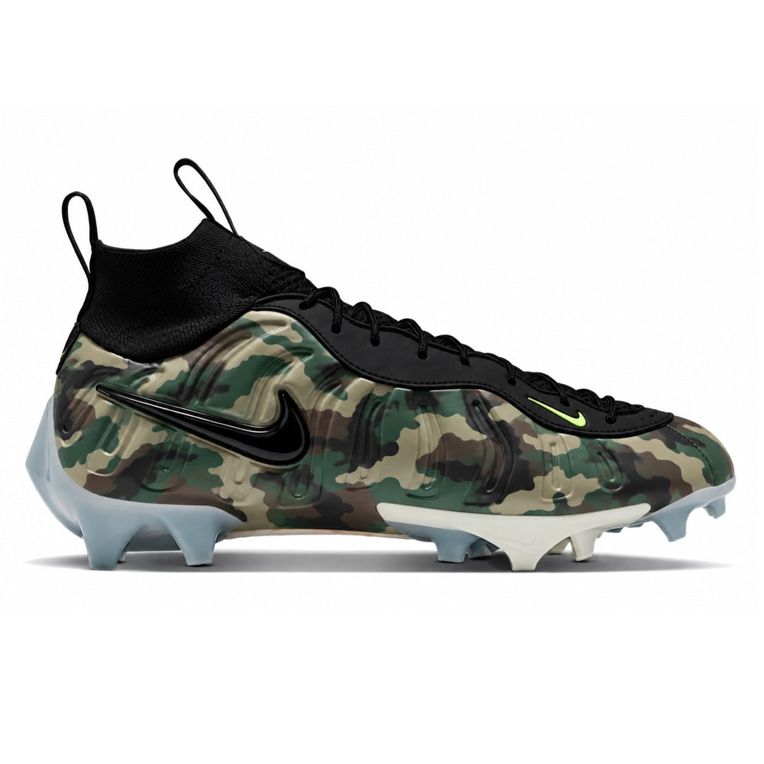 Green camo Nike Vaporposite Pro cleats with black Swoosh black collar volt accent and icy translucent sole side view by Stadium Custom Kicks