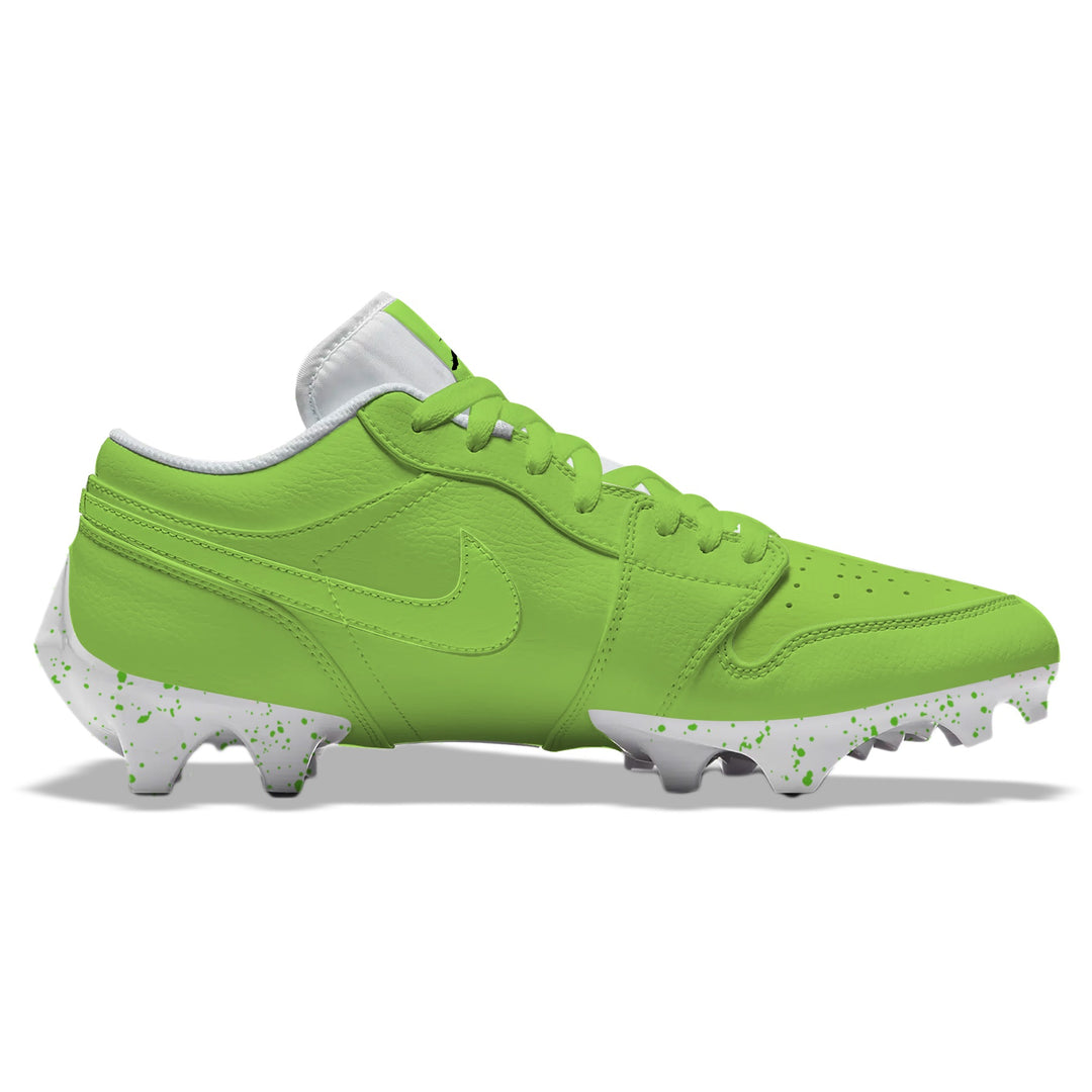 Green Color Rush Jordan 1 Vapor Edge Low football cleats in green with tonal Nike Swoosh and white splatter-patterned sole, side profile on a white background.