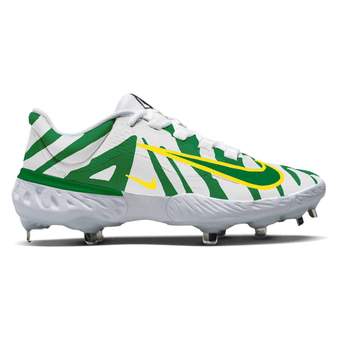 Green Flash Nike Alpha Huarache Elite 4 low baseball cleats in green and white with yellow swoosh, custom Nike baseball cleats with metal spikes by Stadium Custom Kicks