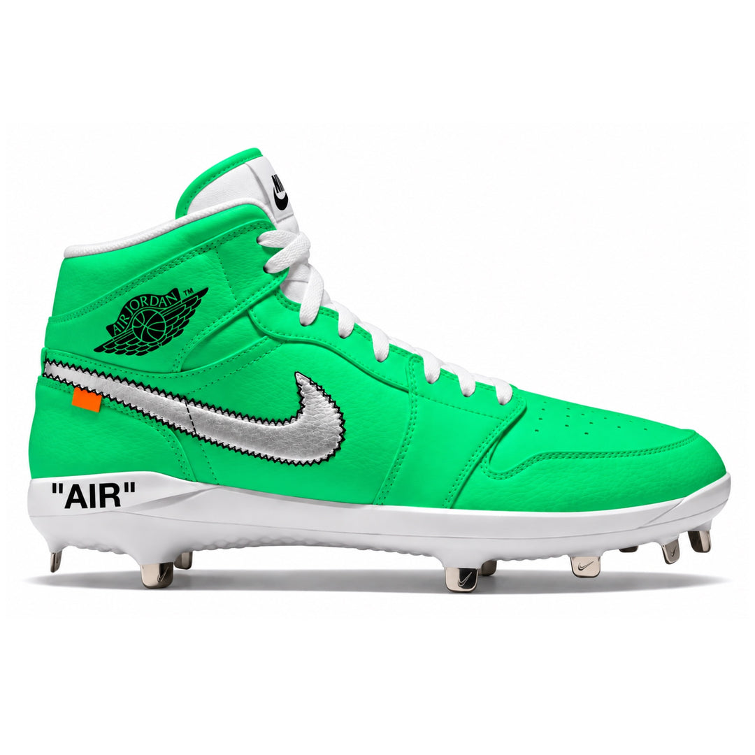 A bright green high-top baseball cleat featuring a metallic silver Nike Swoosh, white laces and midsole, a black Jordan Wings logo, and 'AIR' text on the heel, shown against a plain white background.