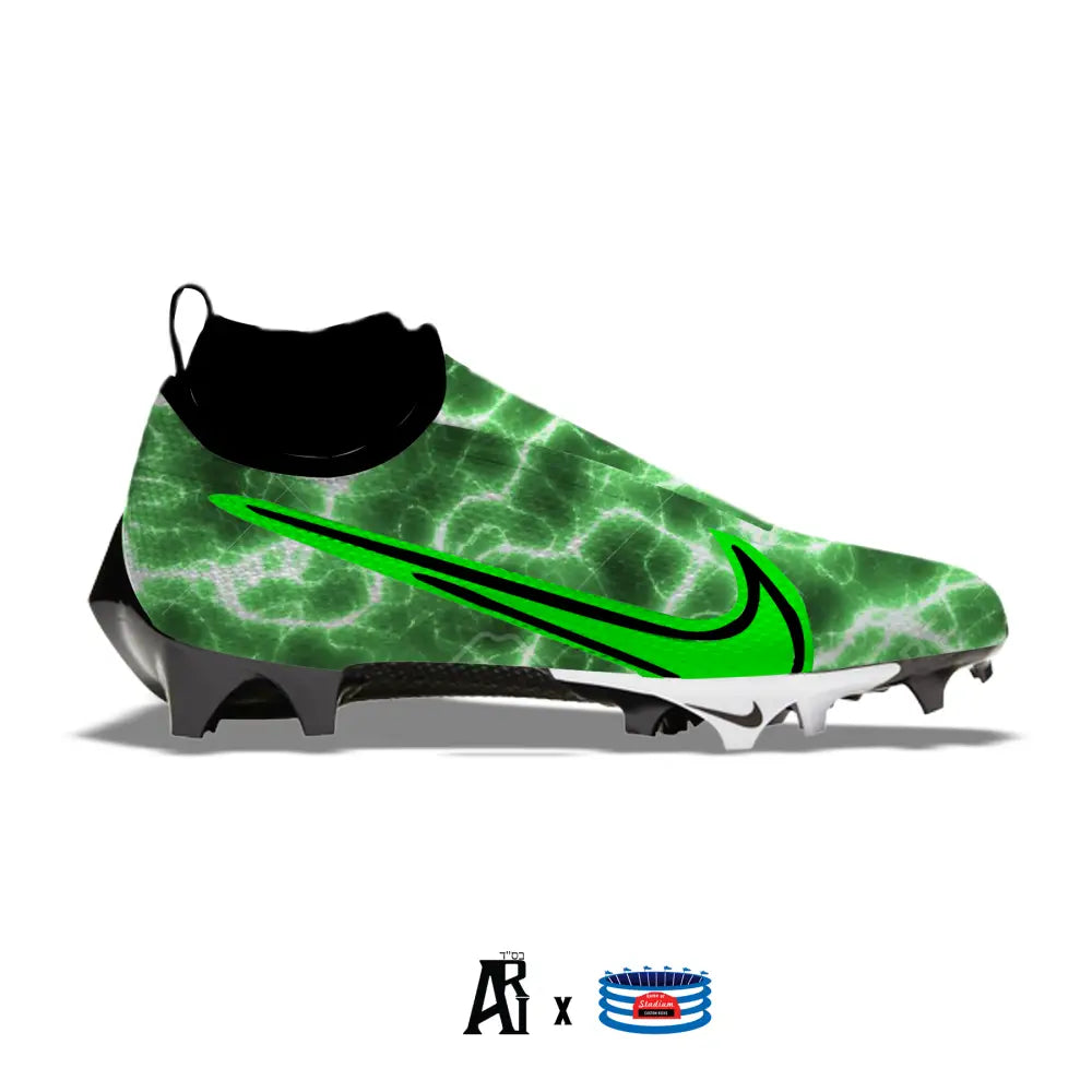 Green and white lightning-patterned Nike Vapor Pro 360 football cleat displayed