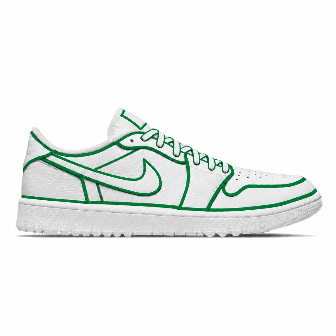 A white Jordan golf shoe with vibrant green outline detailing, shown in a side profile view against a plain white background.
