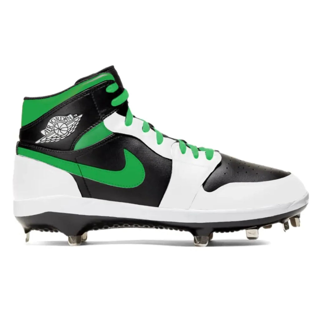 Black, green and white mid top baseball cleat on a white background.