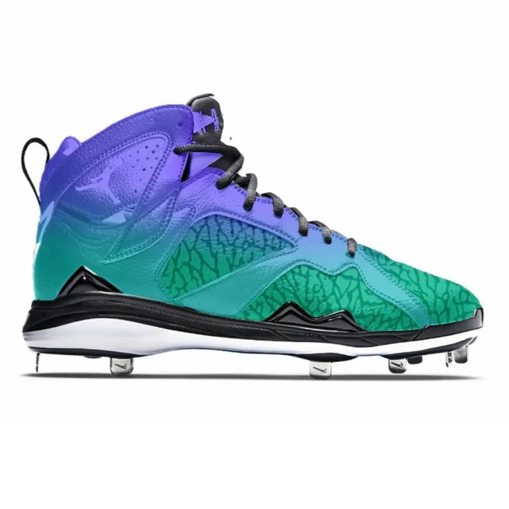 Turquoise and purple baseball cleat from Green & Purple Elephant Jordan 7 Retro Cleats