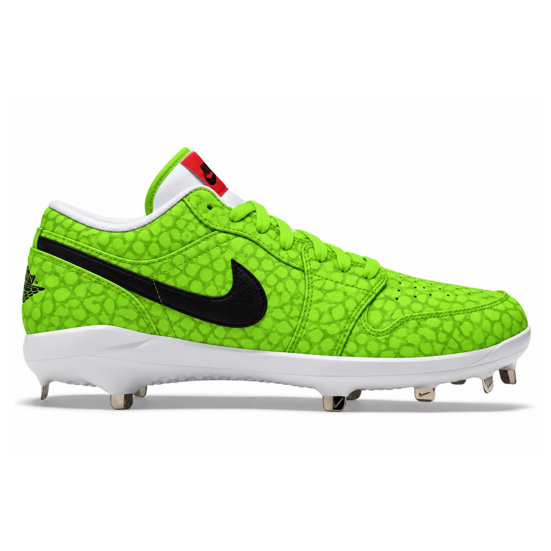 A Jordan baseball cleat in a vibrant neon green with a textured crocodile pattern, featuring a black Swoosh, white midsole, and silver metal studs, shown from a side profile on a white background.