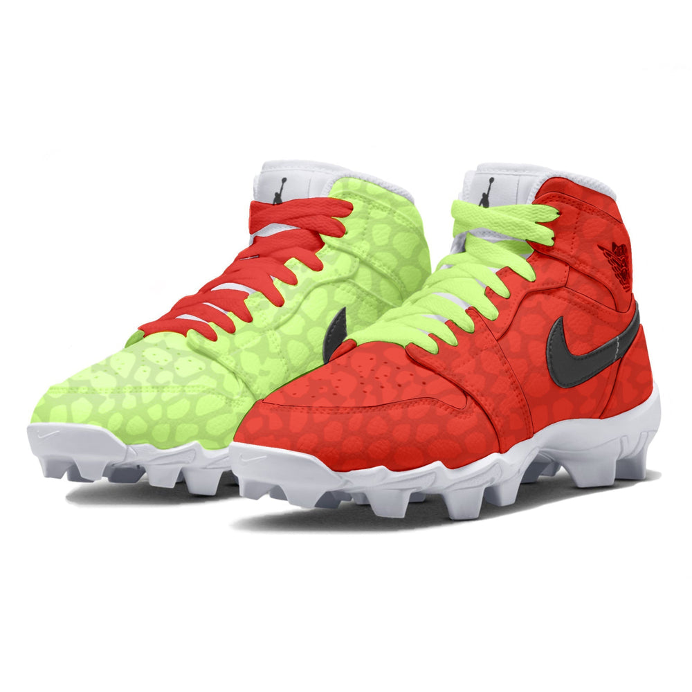 Red and green football and baseball cleats with Nike logo on a white background