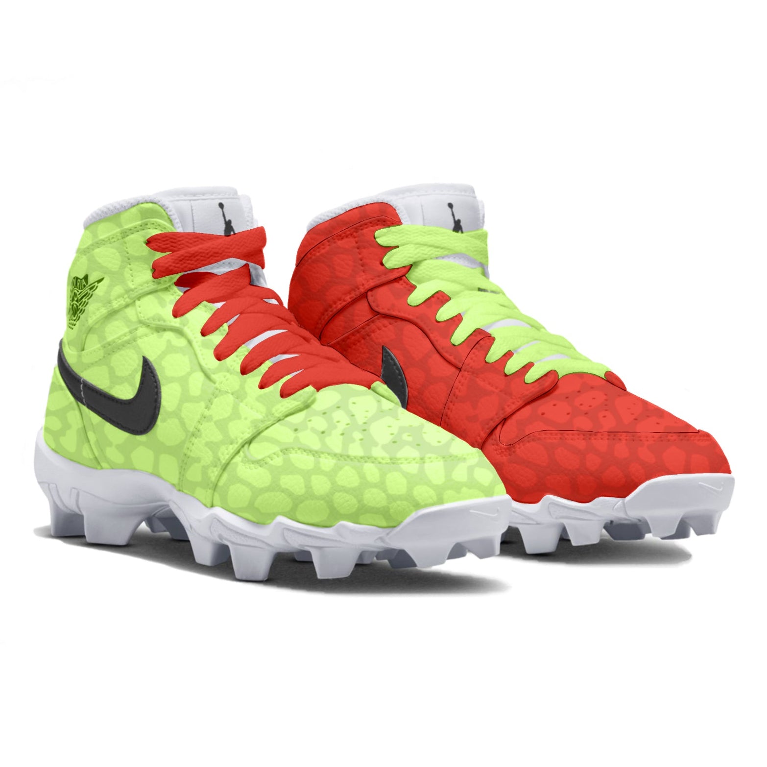 Green and red cleats with Nike logo on a white background