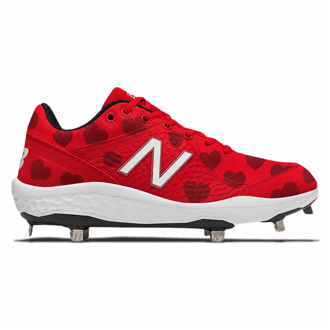 Custom colorway featuring an all-red upper with dark red heart print and black metal spikes by Stadium Custom Kicks