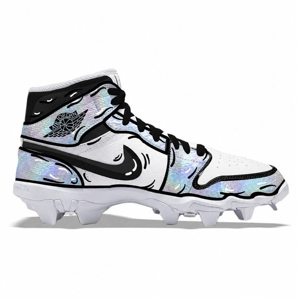 Custom holographic cartoon Jordan 1 Multisport kids cleats with comic book outline art iridescent upper white base and black swoosh by Stadium Custom Kicks