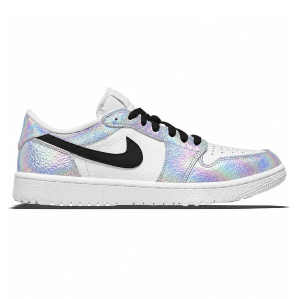 Custom holographic Jordan 1 Low golf shoes in white with iridescent crinkle leather upper and black swoosh by Stadium Custom Kicks