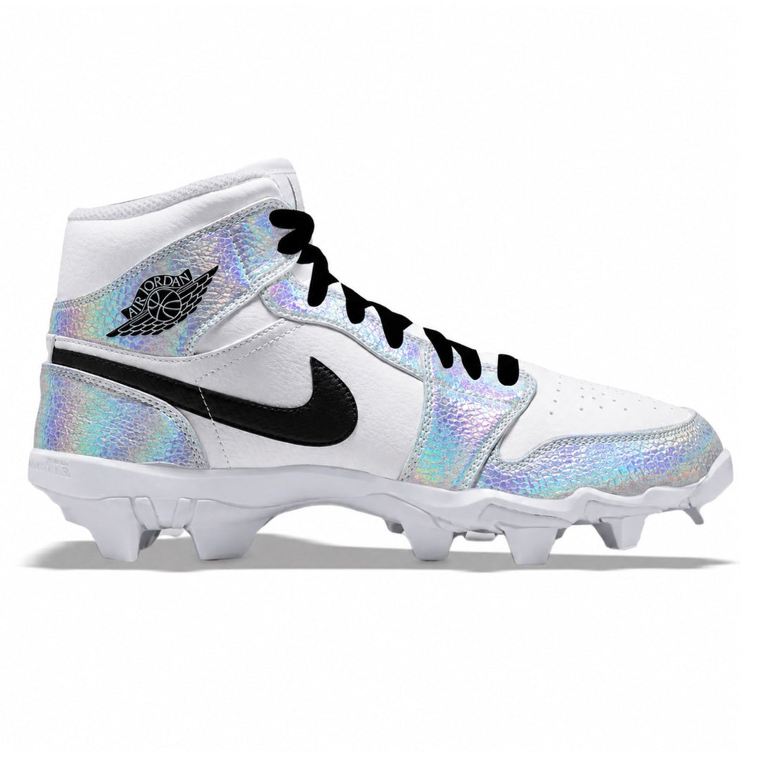 Custom holographic Jordan 1 Multisport kids cleats in white with full iridescent upper black swoosh and Air Jordan wing logo by Stadium Custom Kicks