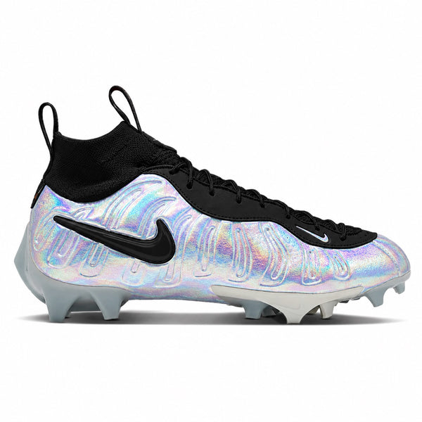 Custom holographic iridescent Nike Vaporposite football cleats with black swoosh and silver foamposite upper by Stadium Custom Kicks