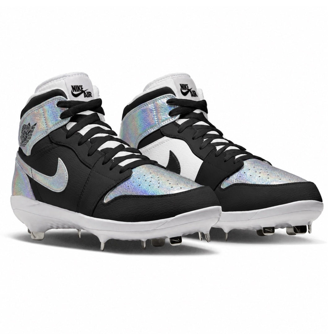 Custom holographic toe Jordan 1 Retro baseball cleats in black and white with iridescent toe box and metal spikes by Stadium Custom Kicks, Main Photo