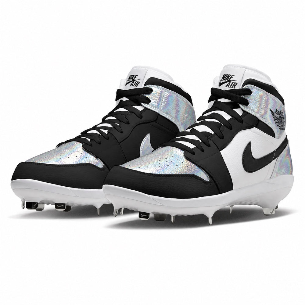 Custom holographic toe Jordan 1 Retro baseball cleats in black and white with iridescent toe box and metal spikes by Stadium Custom Kicks, second photo