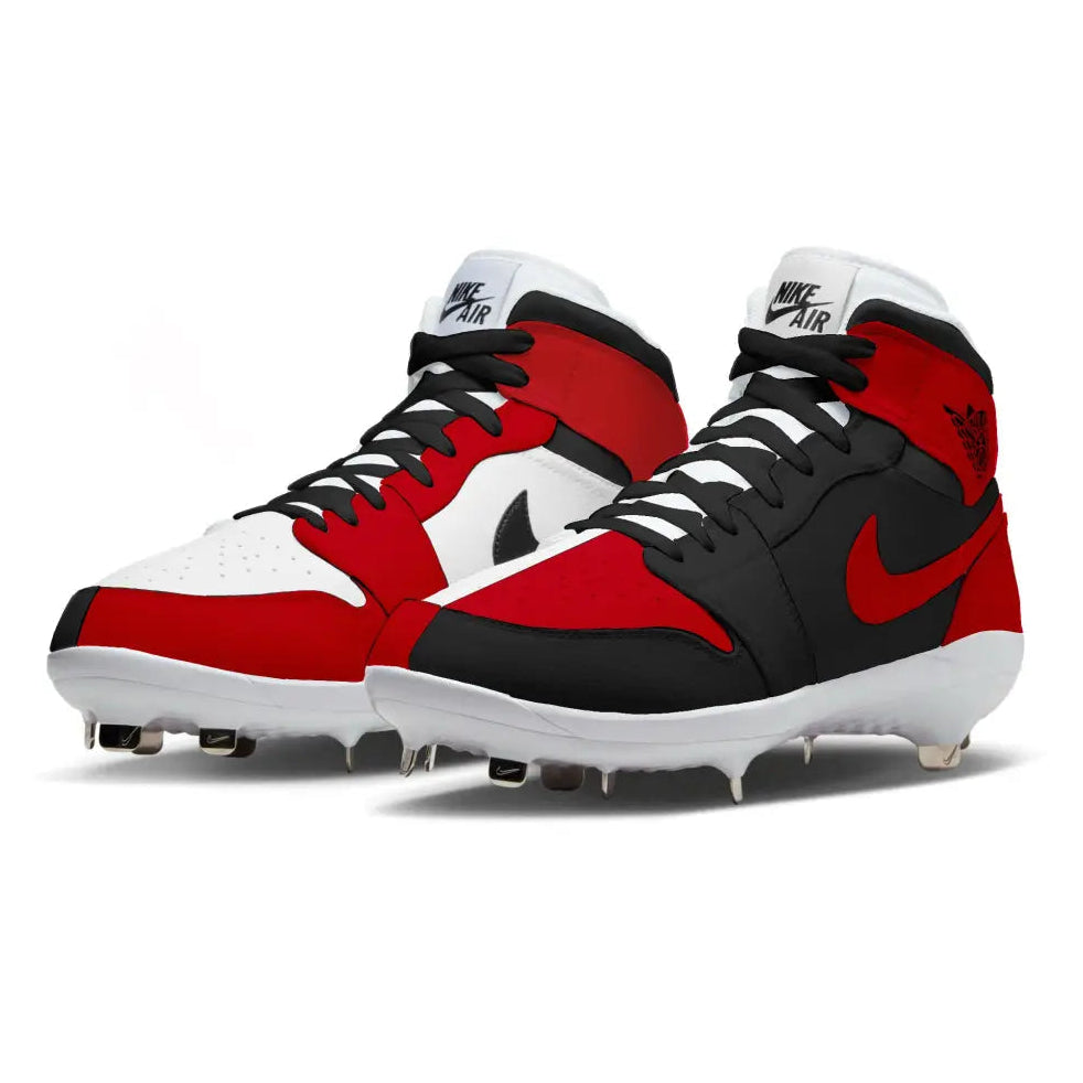 Red, black, and white cleats with Nike logo on a white background