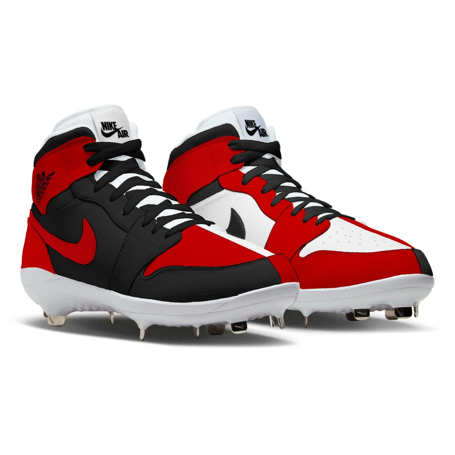 Red, black, and white cleats with Nike logo on a white background