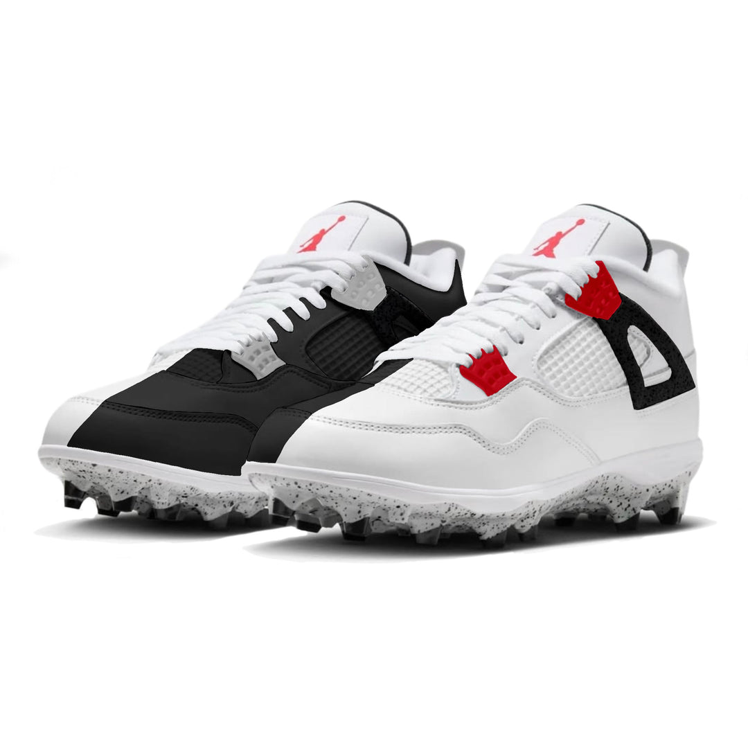 Pair of Jordan 4 TD football cleats in a split black and white “Homage to Home” colorway with red lace wings, white laces, and speckled football cleat soles.