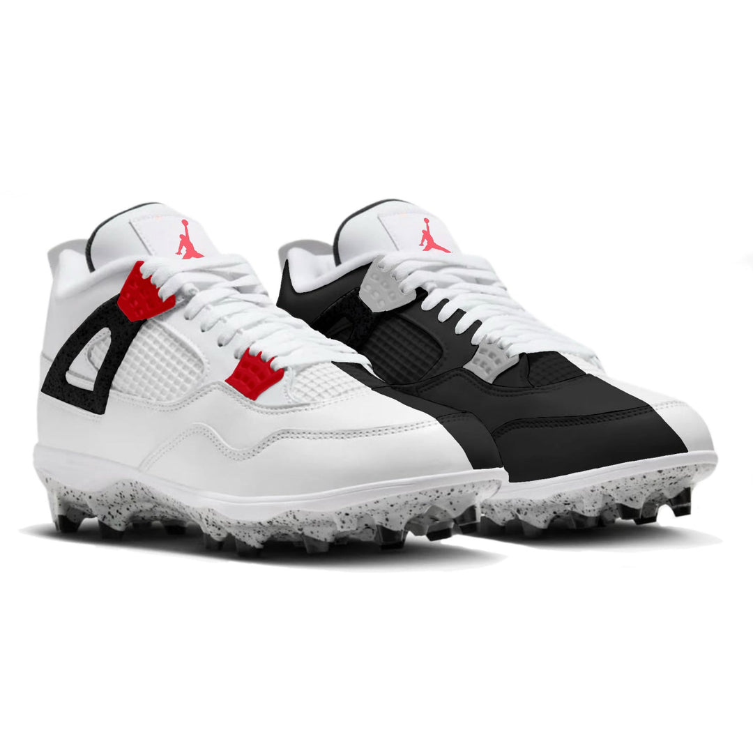 White and black football cleats with red accents on a white background
