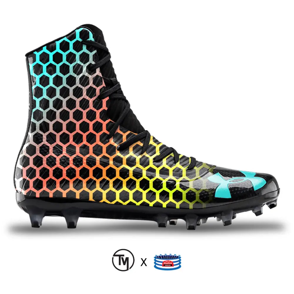 High-top football cleat with colorful honeycomb pattern from Honey Blend UA Highlight MC Cleats