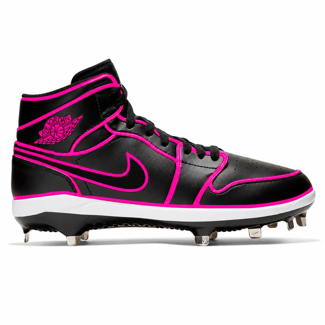 A black Nike high-top baseball cleat with vibrant pink accents and white midsole, featuring metal studs on the sole, shown against a plain white background.