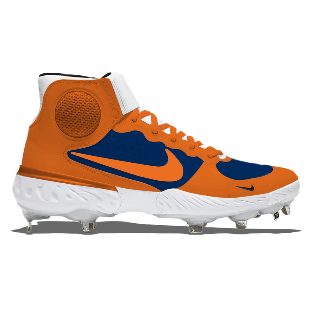 Orange and blue cleated shoe with Nike logo on a white background
