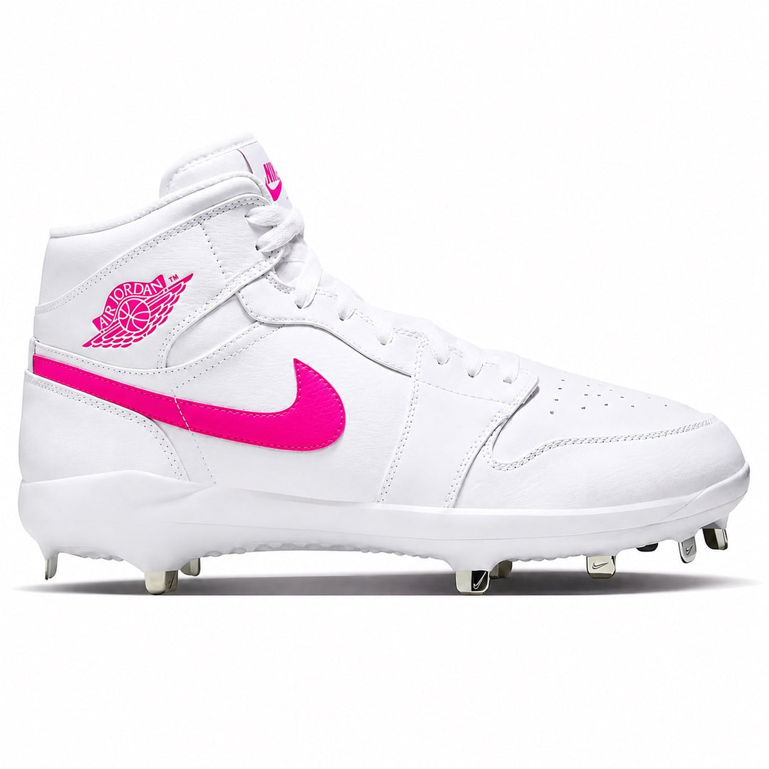 White and hyper pink Jordan 1 Retro metal baseball cleats side view by Stadium Custom Kicks
