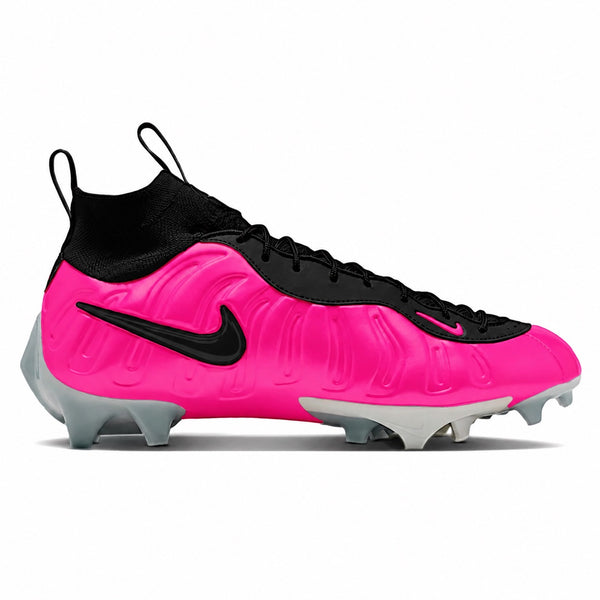 Pink Nike Foamposite football cleat with black knit collar and black Swoosh by Stadium Custom Kicks