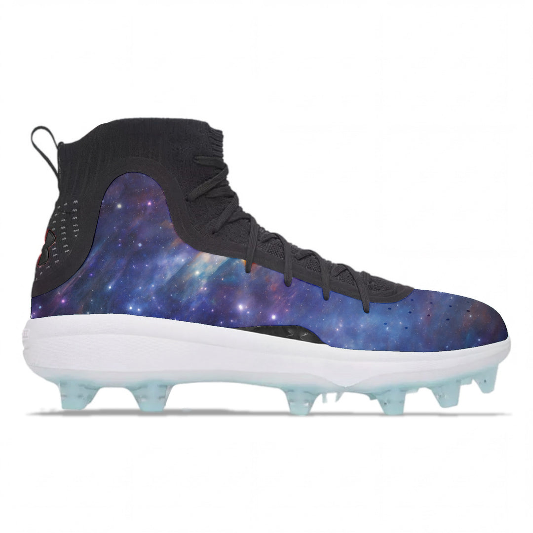 Hypernova custom painted Under Armour 4 Mid TPU football cleats featuring a deep space galaxy design with purple, blue, and black cosmic colorway by Stadium Custom Kicks