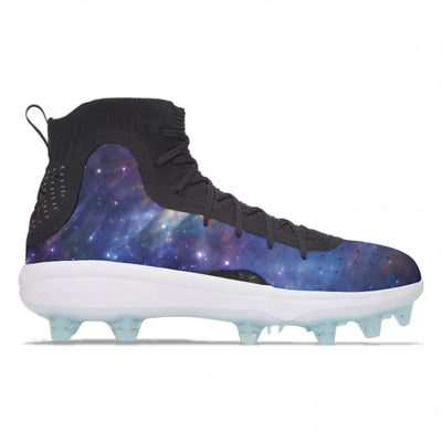 Hypernova custom painted Under Armour 4 Mid TPU football cleats featuring a deep space galaxy design with purple, blue, and black cosmic colorway by Stadium Custom Kicks