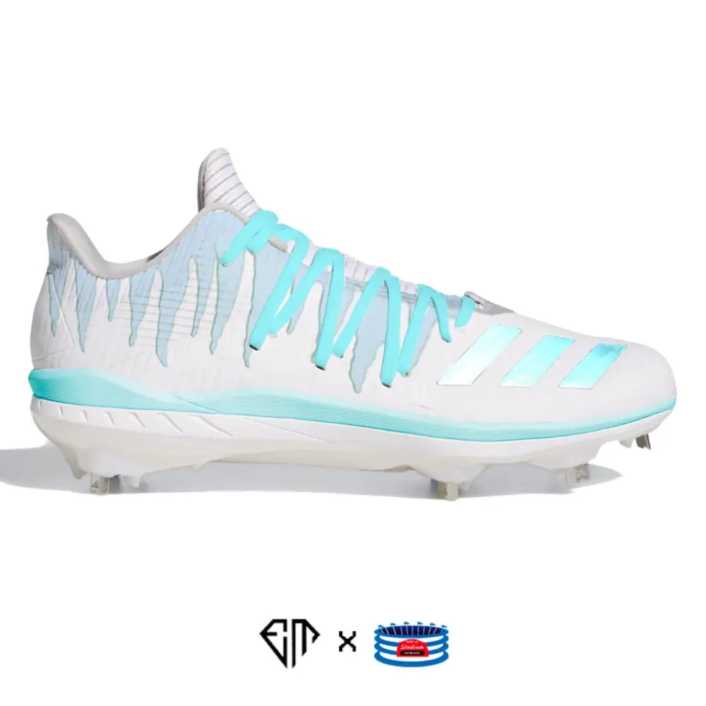 White and light blue Adidas Adizero Afterburner 6 baseball cleat for enhanced performance