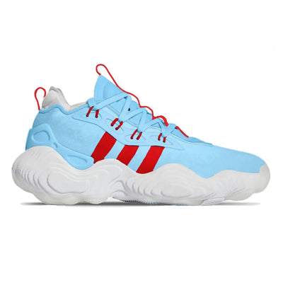 Light blue Adidas Trae Young 3 Basketball Shoe with red stripes for performance and style