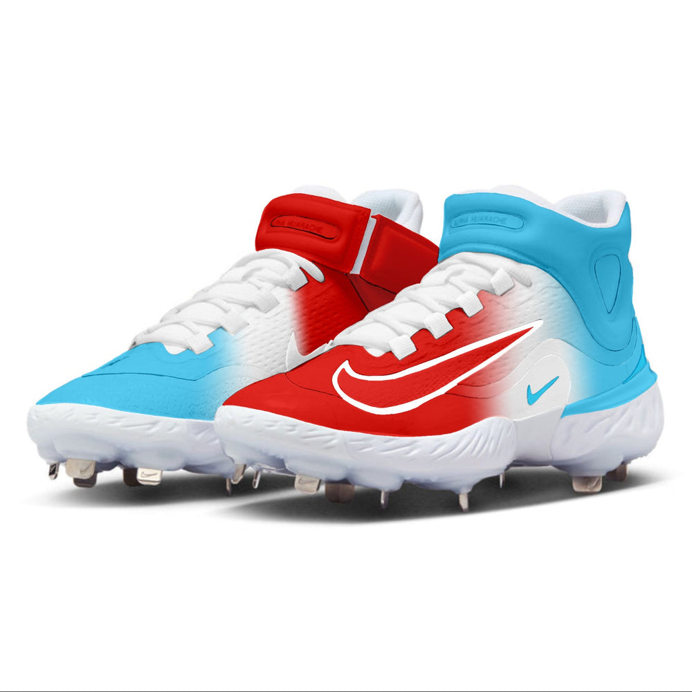 Pair of red and blue cleats with a Nike logo on a white background