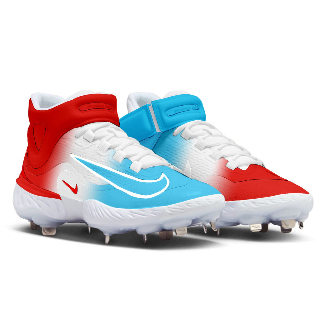 Red, white, and blue cleats on a white background