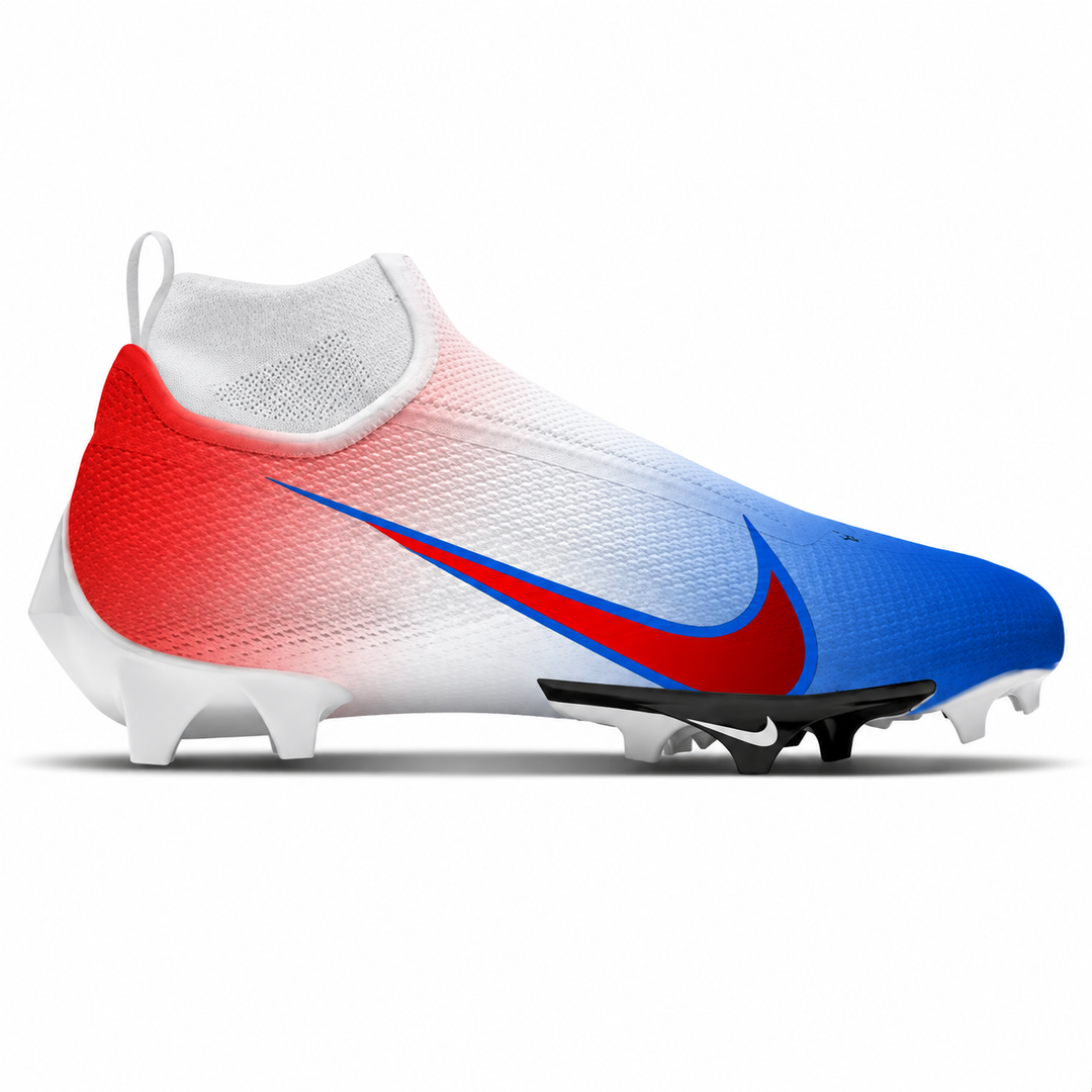 A Nike football cleat featuring a white Flyknit upper with a red-to-blue gradient, a red Swoosh, and white, blue, and black studs, shown against a plain white background.