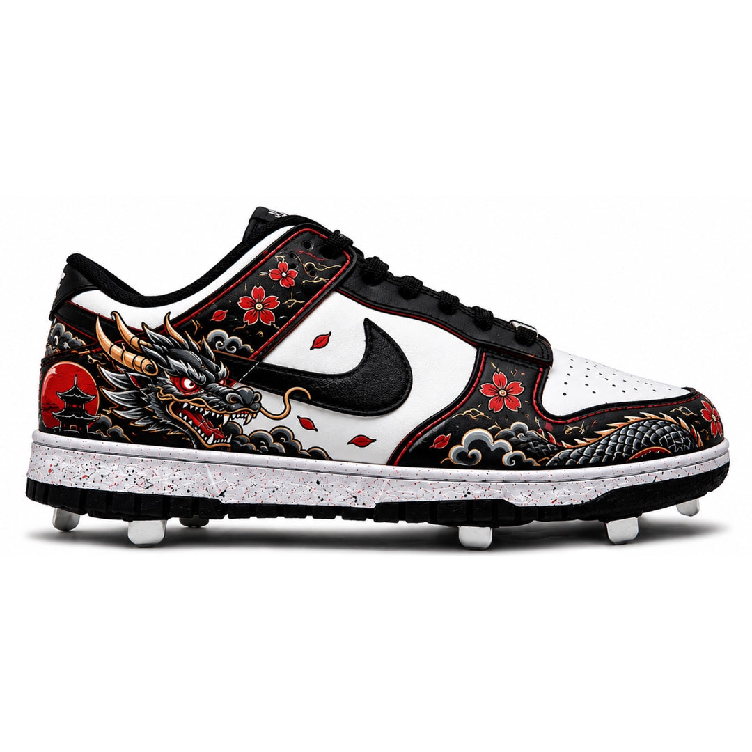 Imperial Dragon Nike Dunk Low metal baseball cleats featuring a traditional Japanese dragon graphic with gold horns, cherry blossom florals, a red pagoda and sun motif, black Swoosh on white leather, and a black-and-white speckled metal spike outsole by Stadium Custom Kicks.