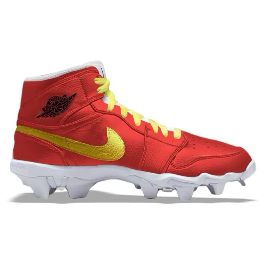Red high-top cleat with yellow swoosh logo on a white background
